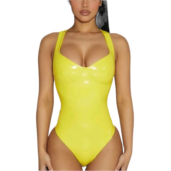 naked wardrobe Tops - Naked Wardrobe Extra Vinyl Bustier Bodysuit Yellow Size S NWT with flaw